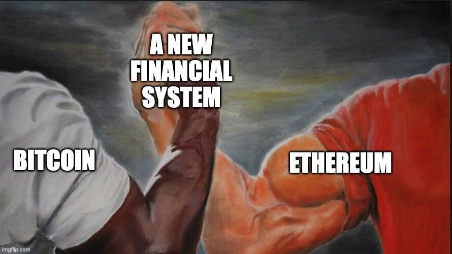 an image showing two muscular arms in a handshake representing Bitcoin and Ethereum working together to create a new financial system