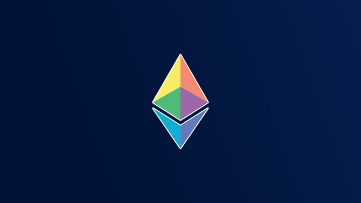 The Ethereum logo splashed on a navy blue background