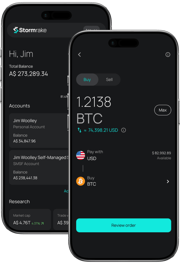 The Stormrake Client Portal on two phones, showing an account overview and a Bitcoin buy order