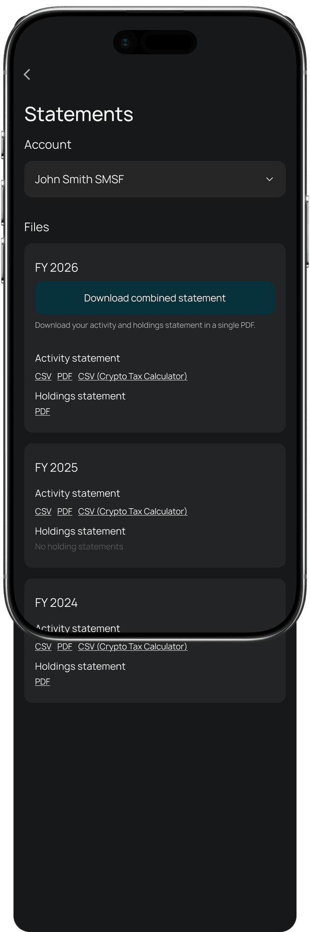 The Stormrake Client Portal statements screen with downloadable activity and holdings statements