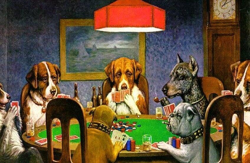 A group of dogs in an oil painting style sitting around a table playing poker.