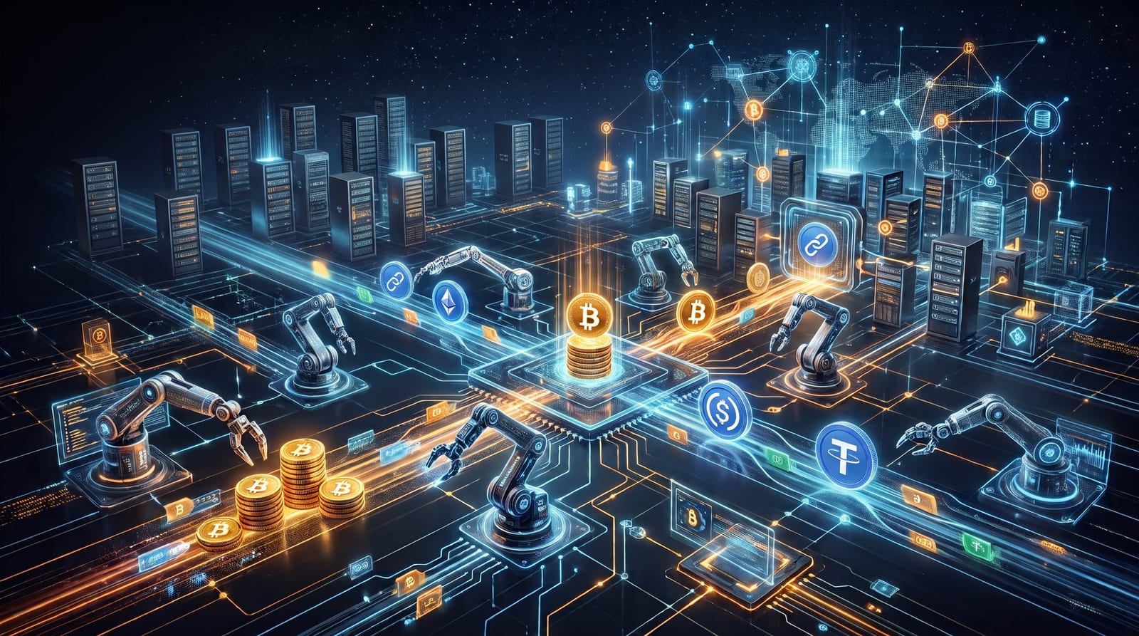 Illustration of robotic arms moving Bitcoin, Ethereum and stablecoin tokens across a glowing circuit board between rows of data centre servers