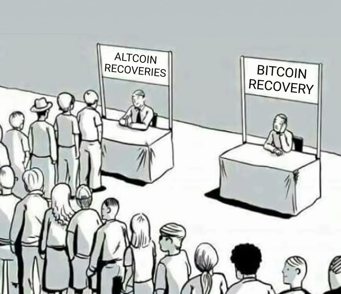 Cartoon of a long queue at a booth labelled Altcoin Recoveries while the attendant at the neighbouring Bitcoin Recovery booth sits alone with no one in line