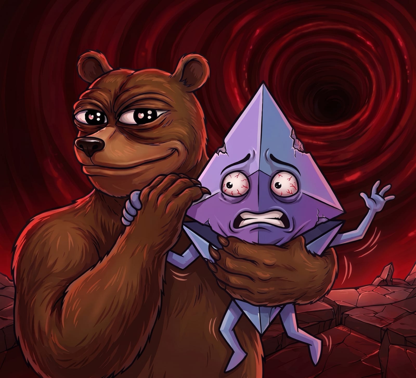 Cartoon of a smug brown bear gripping a frightened, cracked Ethereum character in front of a swirling red vortex
