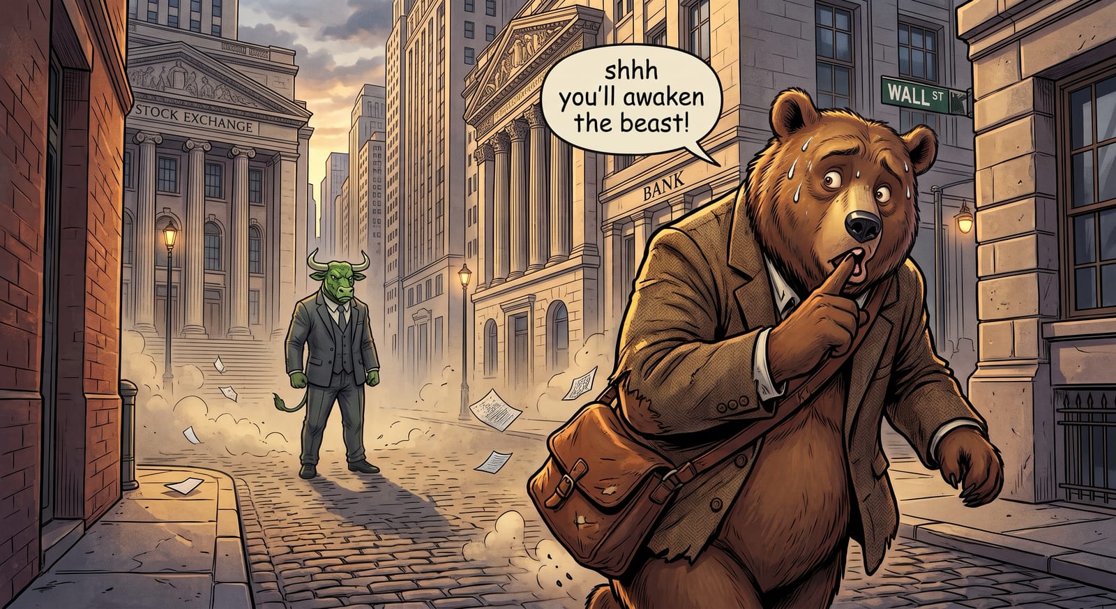Cartoon of a nervous bear in a tweed jacket tiptoeing down Wall Street with a speech bubble reading shhh you’ll awaken the beast, while a green bull in a suit stands behind it