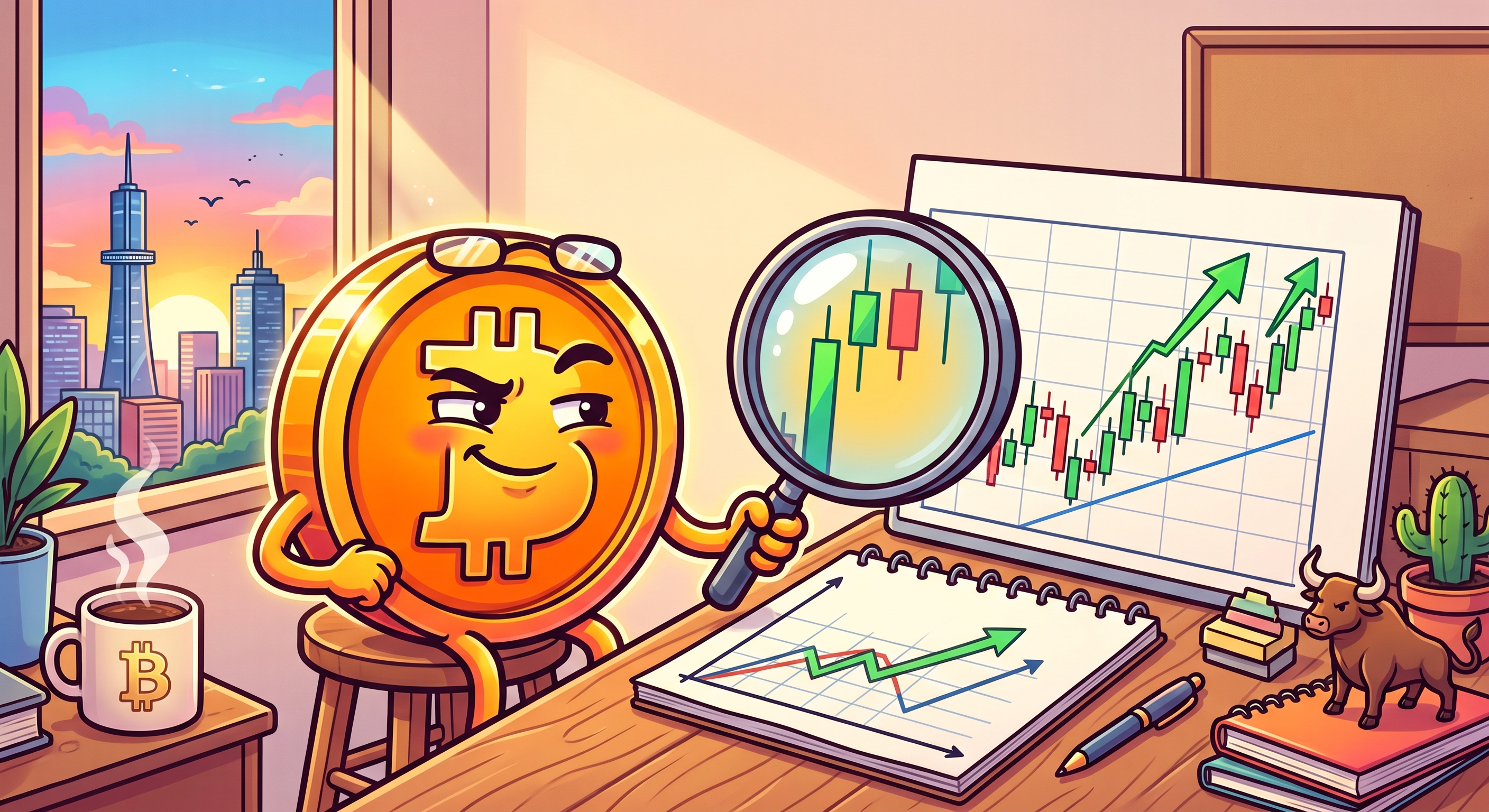 Cartoon Bitcoin coin at a desk holding a magnifying glass over a candlestick chart, inspecting the detail behind the headline