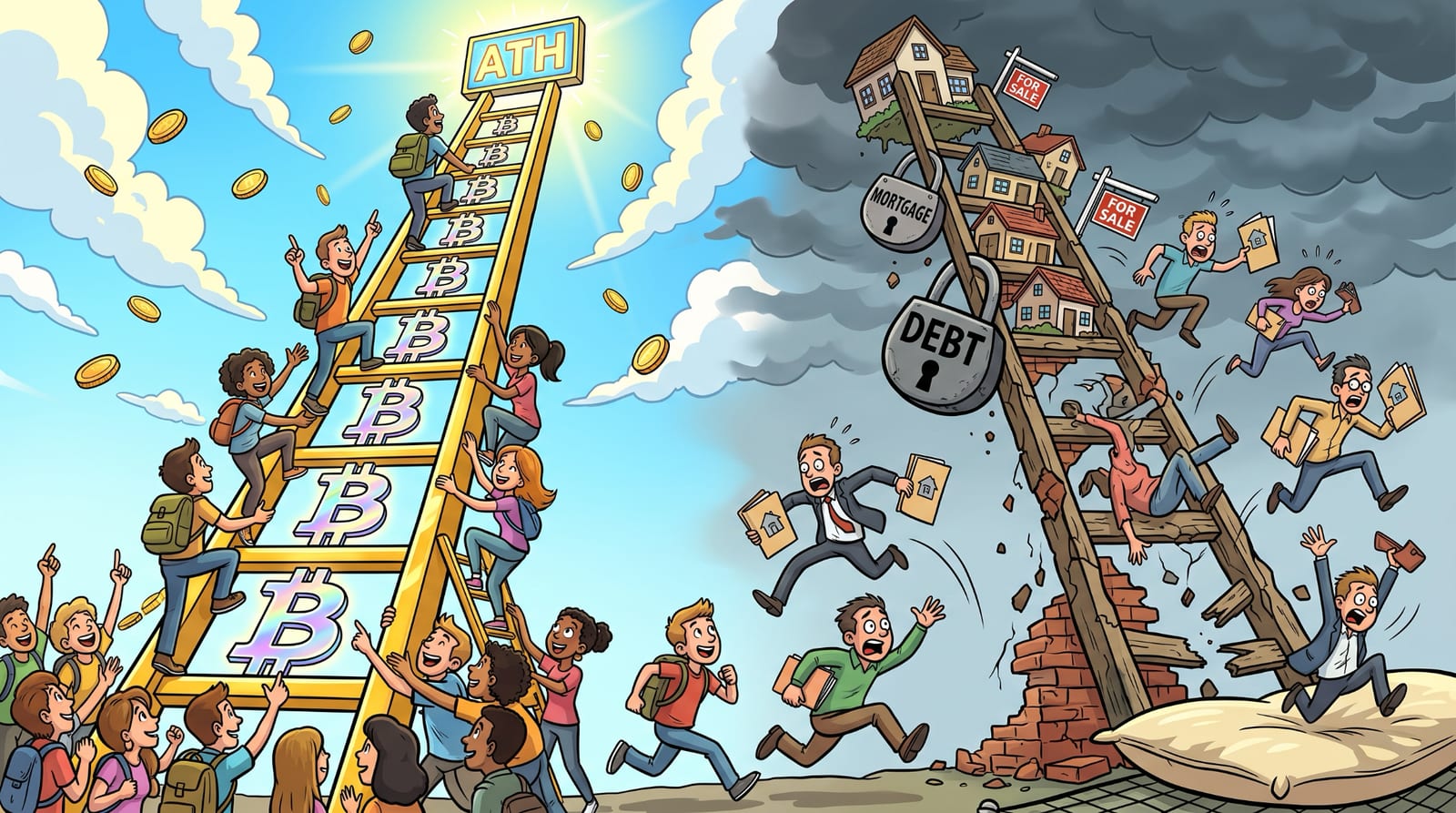 Illustration of a golden Bitcoin ladder with climbers rising toward an all-time-high sign, beside a crumbling property ladder weighed down by mortgage and debt padlocks as buyers fall away