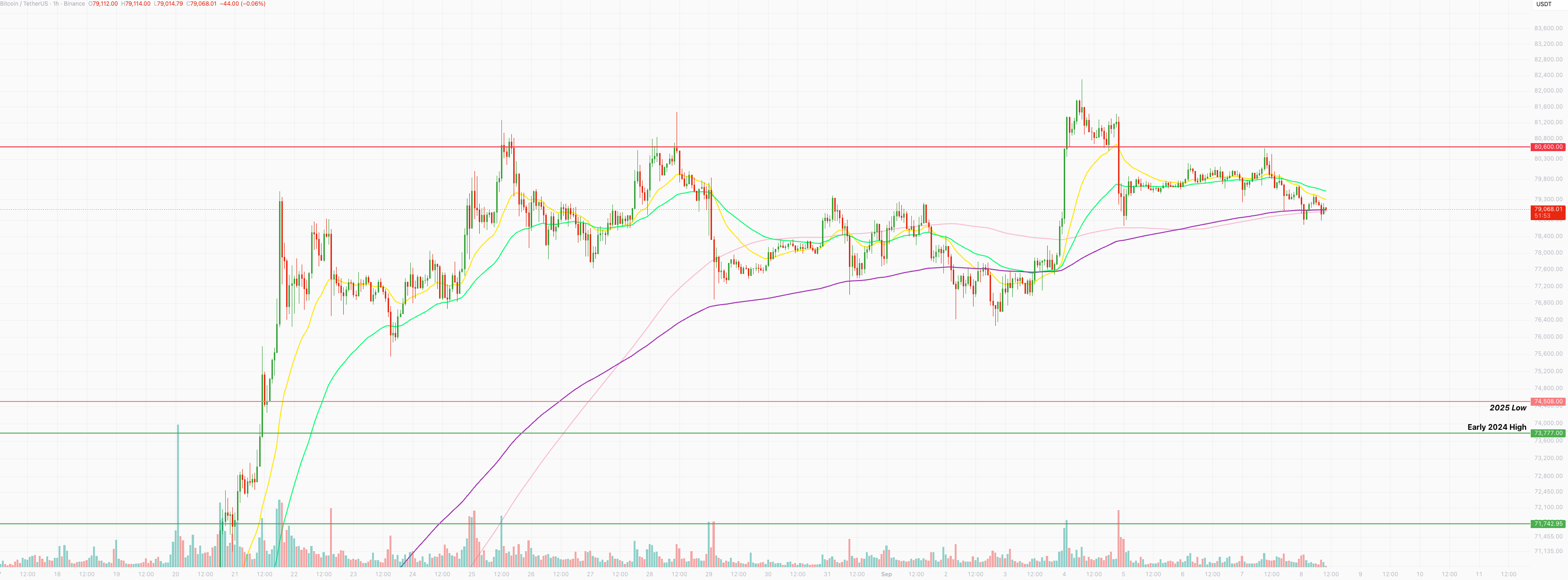Bitcoin hourly chart at $79,068 after failing again at the $80,600 resistance, retesting the lower moving average
