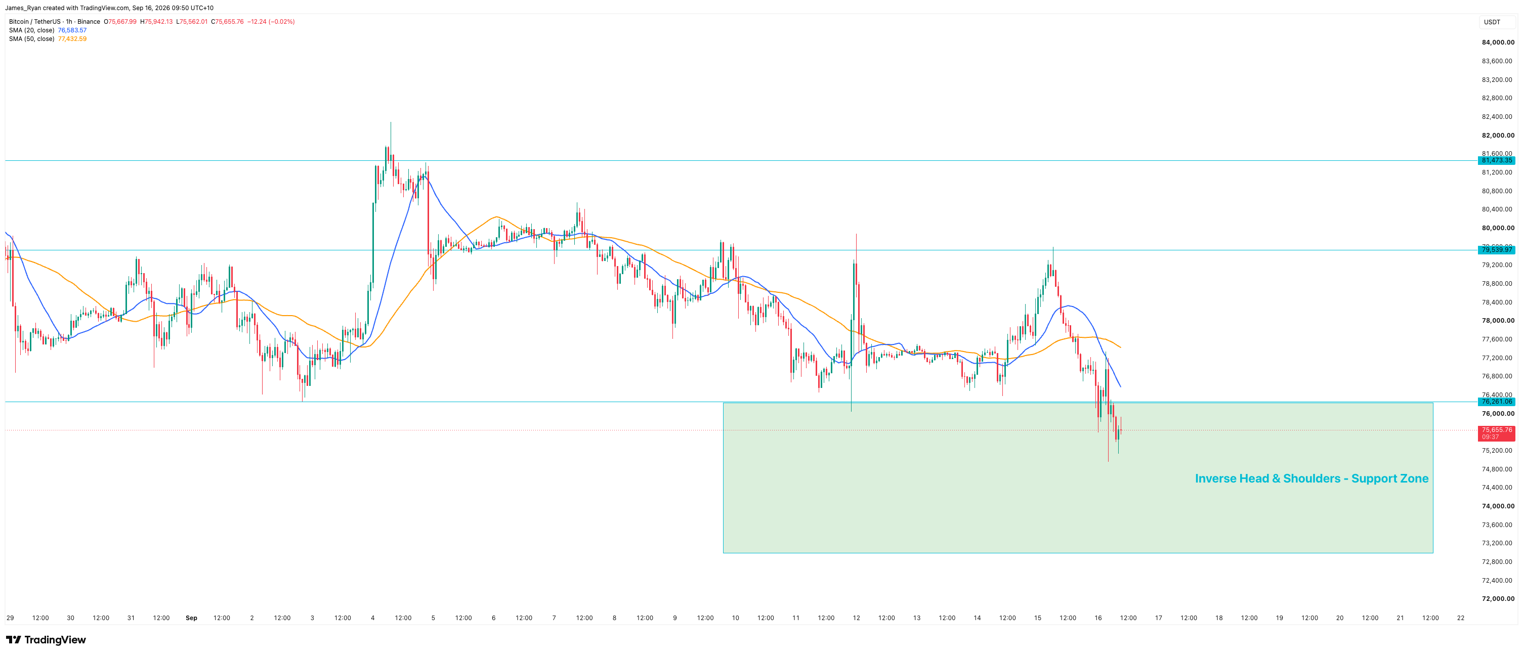 Bitcoin hourly chart at $75,656, dipping into the inverse head and shoulders support zone between roughly $73,000 and $76,261, with resistance at $79,540 and $81,473