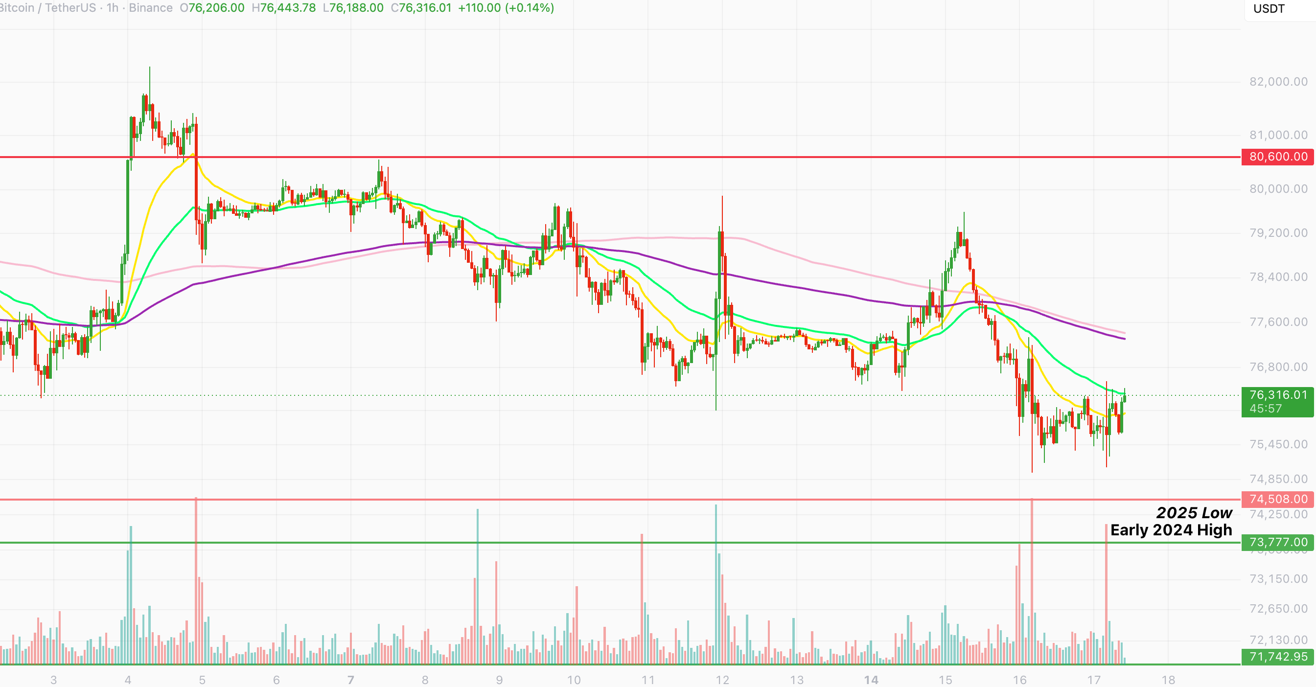 Bitcoin hourly chart at $76,316, bouncing off the $74,900 low and testing the moving averages, with resistance at $80,600 and support at $74,508 and $73,777
