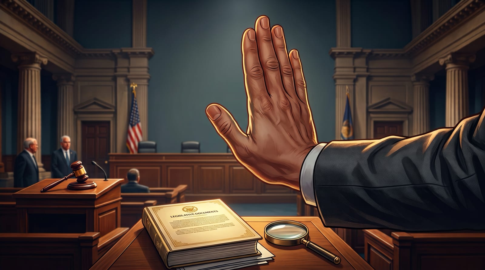 Illustration of a raised hand signalling stop in a legislative chamber, beside a book of legislative documents, a gavel and a magnifying glass