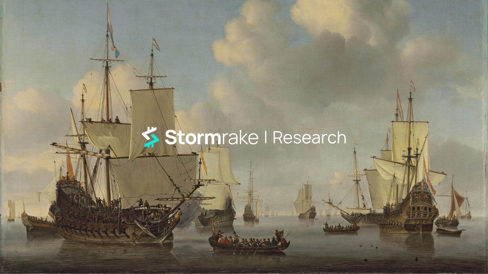 Dutch Golden Age painting of tall sailing ships becalmed on a flat sea under soft clouds, with a rowing boat of passengers in the foreground and the Stormrake Research wordmark across the centre