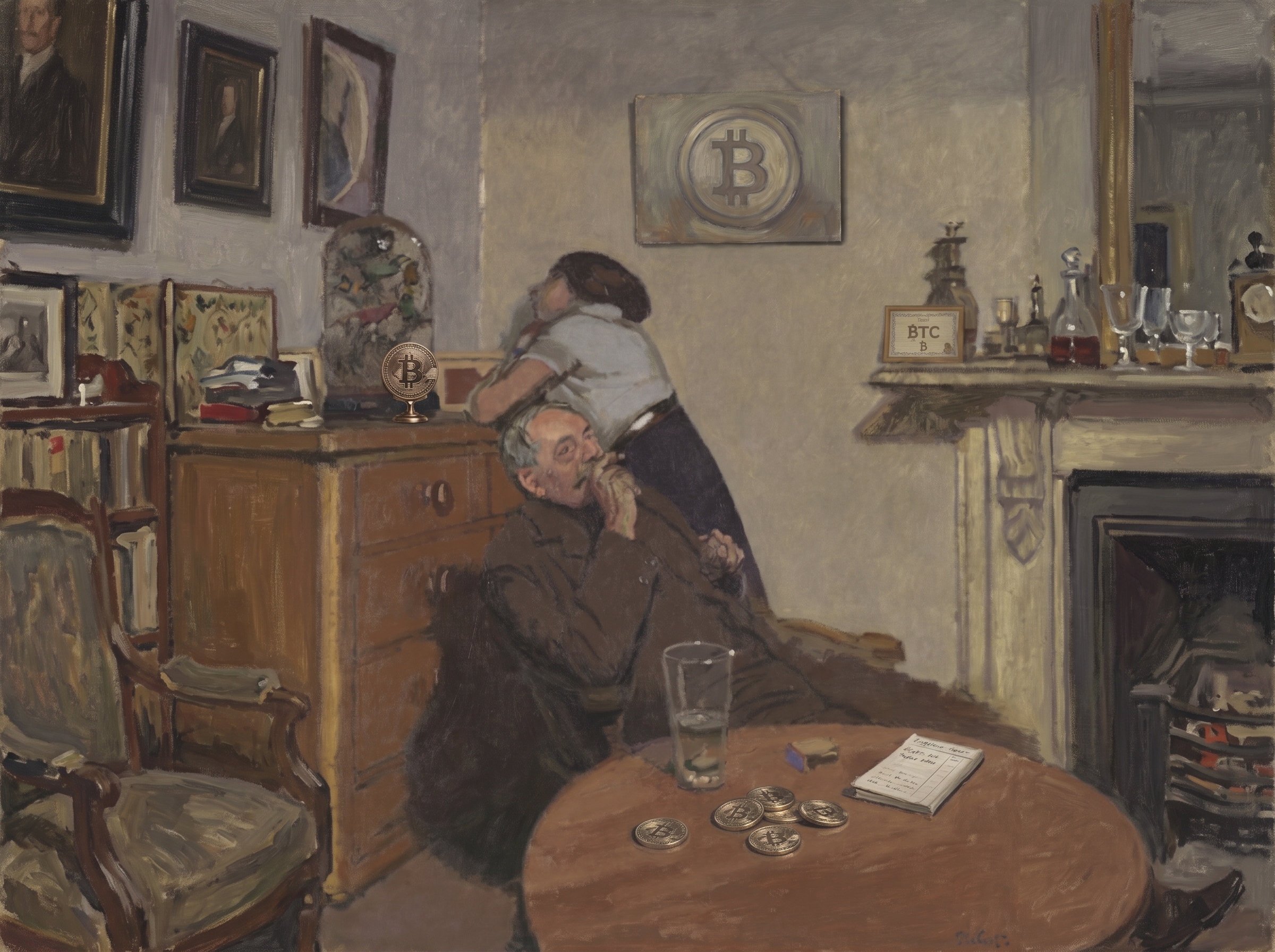 Oil painting after Sickert’s Ennui: an older man sits with a cigar at a table scattered with Bitcoin coins while a woman leans on the dresser behind him, a Bitcoin symbol framed on the wall