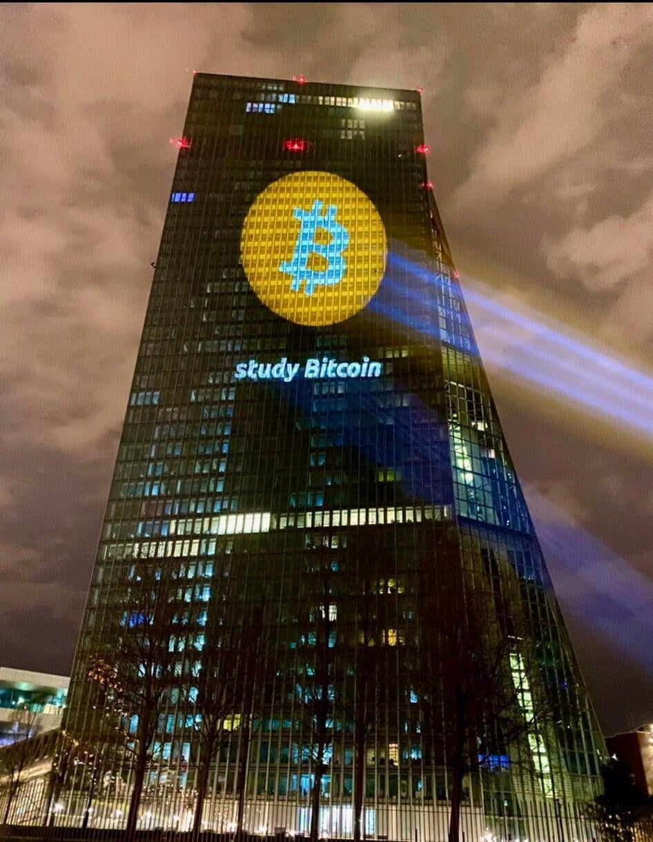 The Bitcoin Logo Projected on the ECB building in Frankfurt