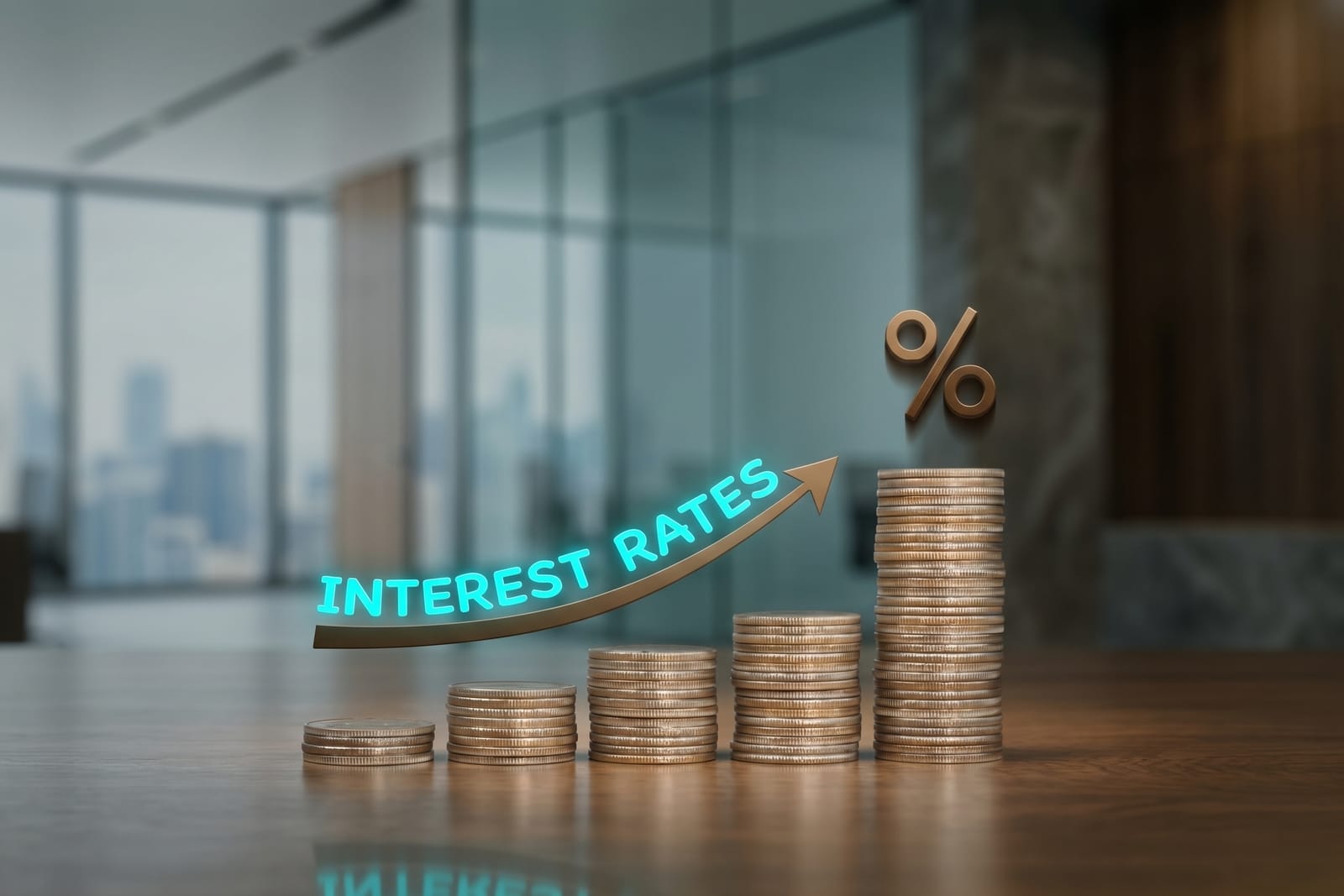 Stacks of coins rising in height beneath an upward arrow labelled Interest Rates and a percent symbol