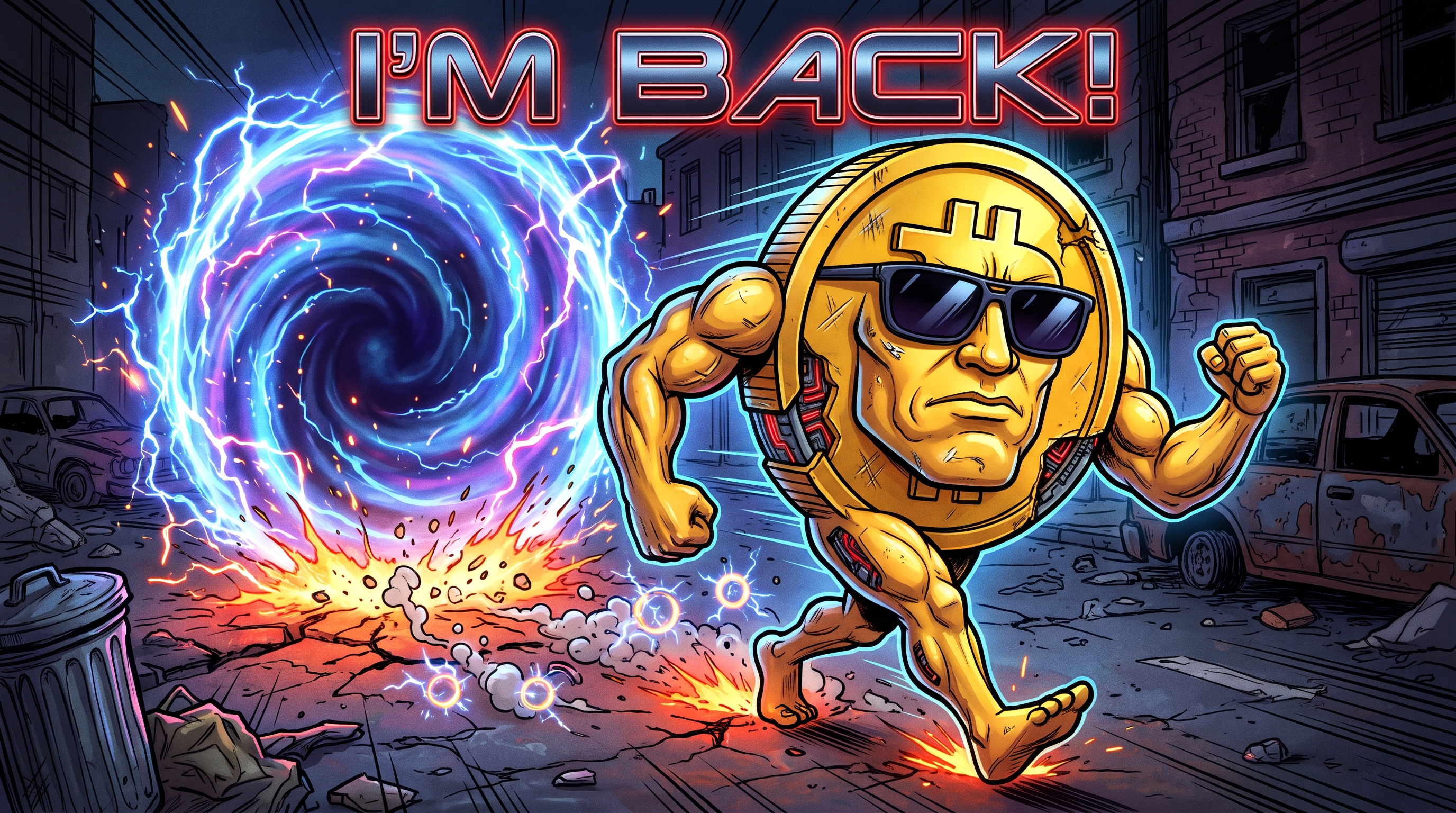 Muscular Bitcoin coin in dark sunglasses striding away from a crackling time portal down a ruined city street, under the words "I'M BACK!"