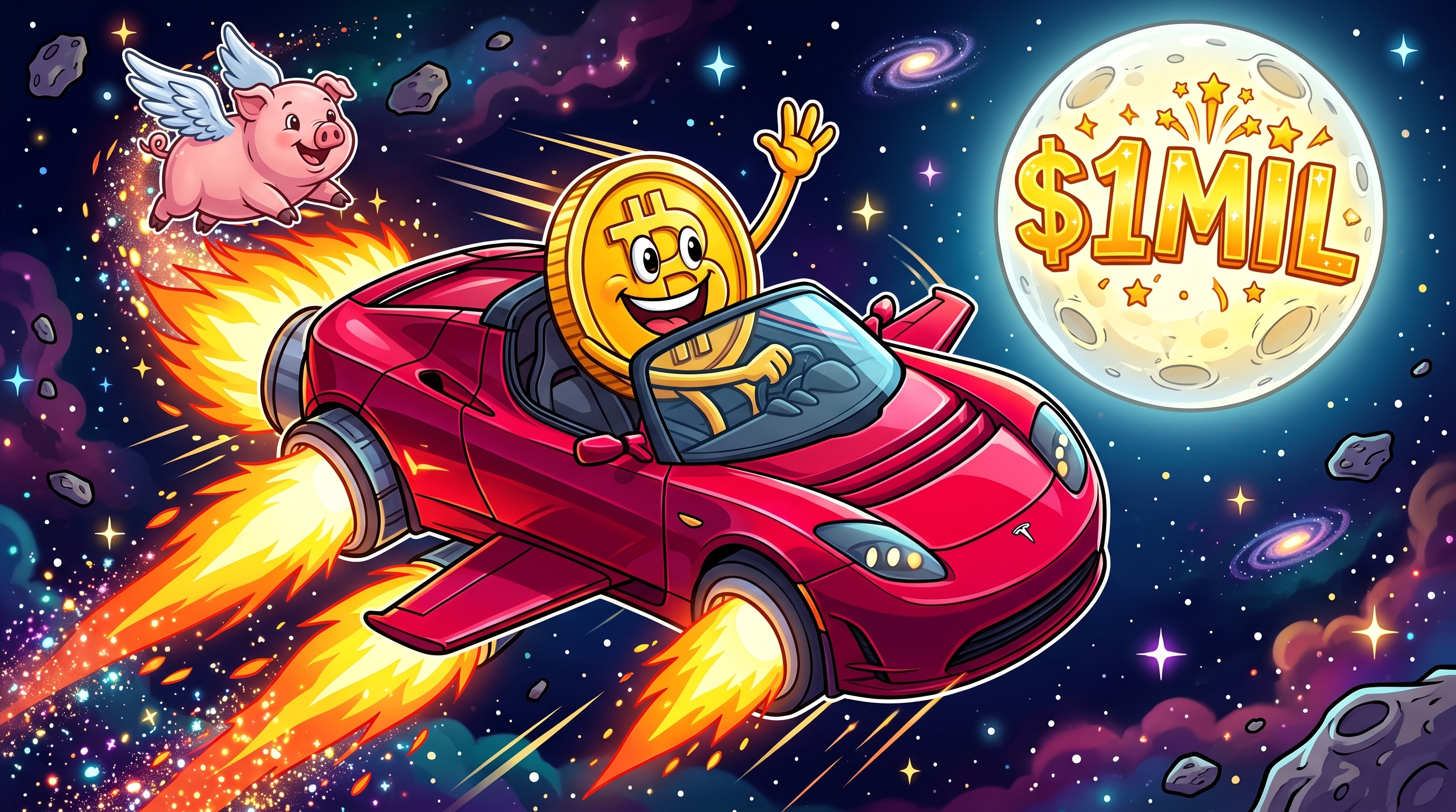 Cartoon Bitcoin coin waving from the driver's seat of a red rocket-powered flying car in space, with a winged pig flying behind and a moon reading "$1MIL" ahead