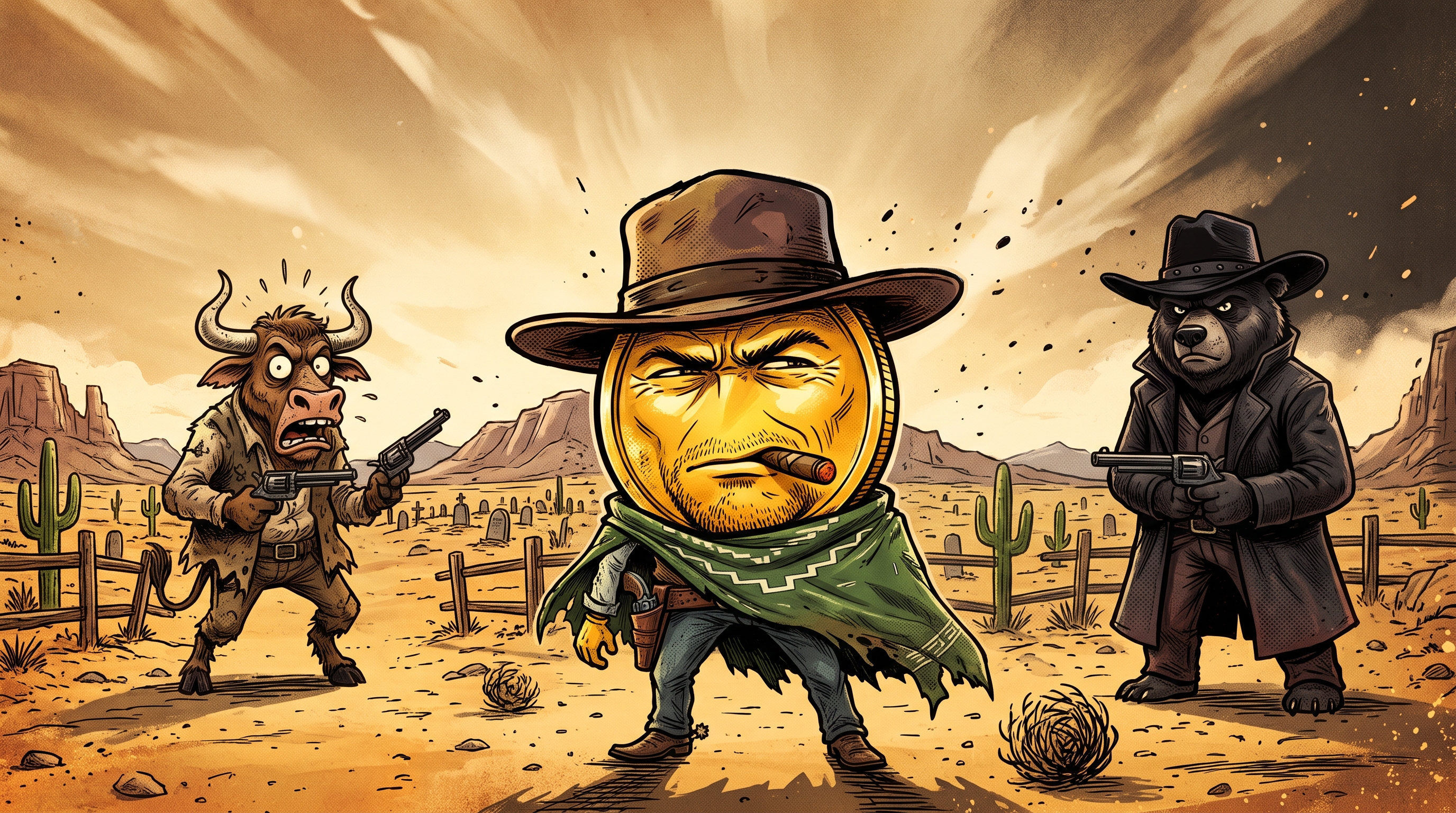 Western showdown in the desert with a Bitcoin coin in a cowboy hat and green poncho at the centre, flanked by a startled bull and a scowling bear, both holding revolvers