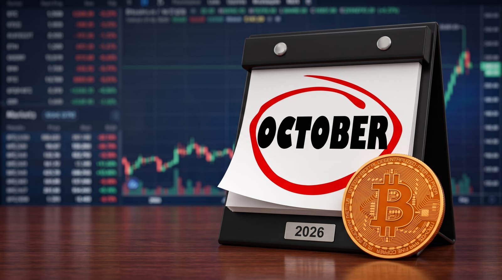 Desk calendar showing October 2026 circled in red, with a Bitcoin coin leaning against it and a blurred price chart in the background