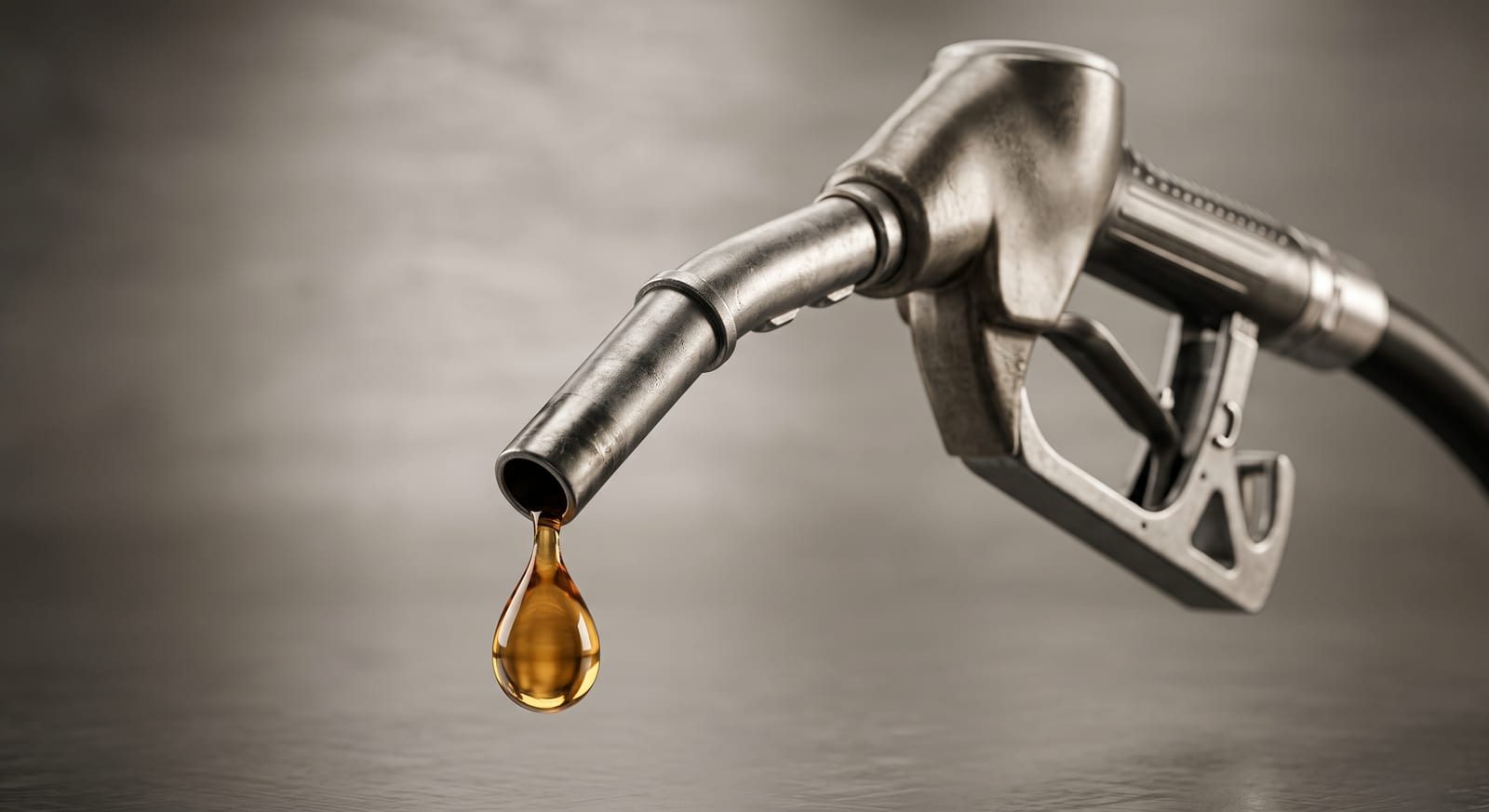 A fuel pump nozzle releasing a single drop of amber oil against a grey backdrop