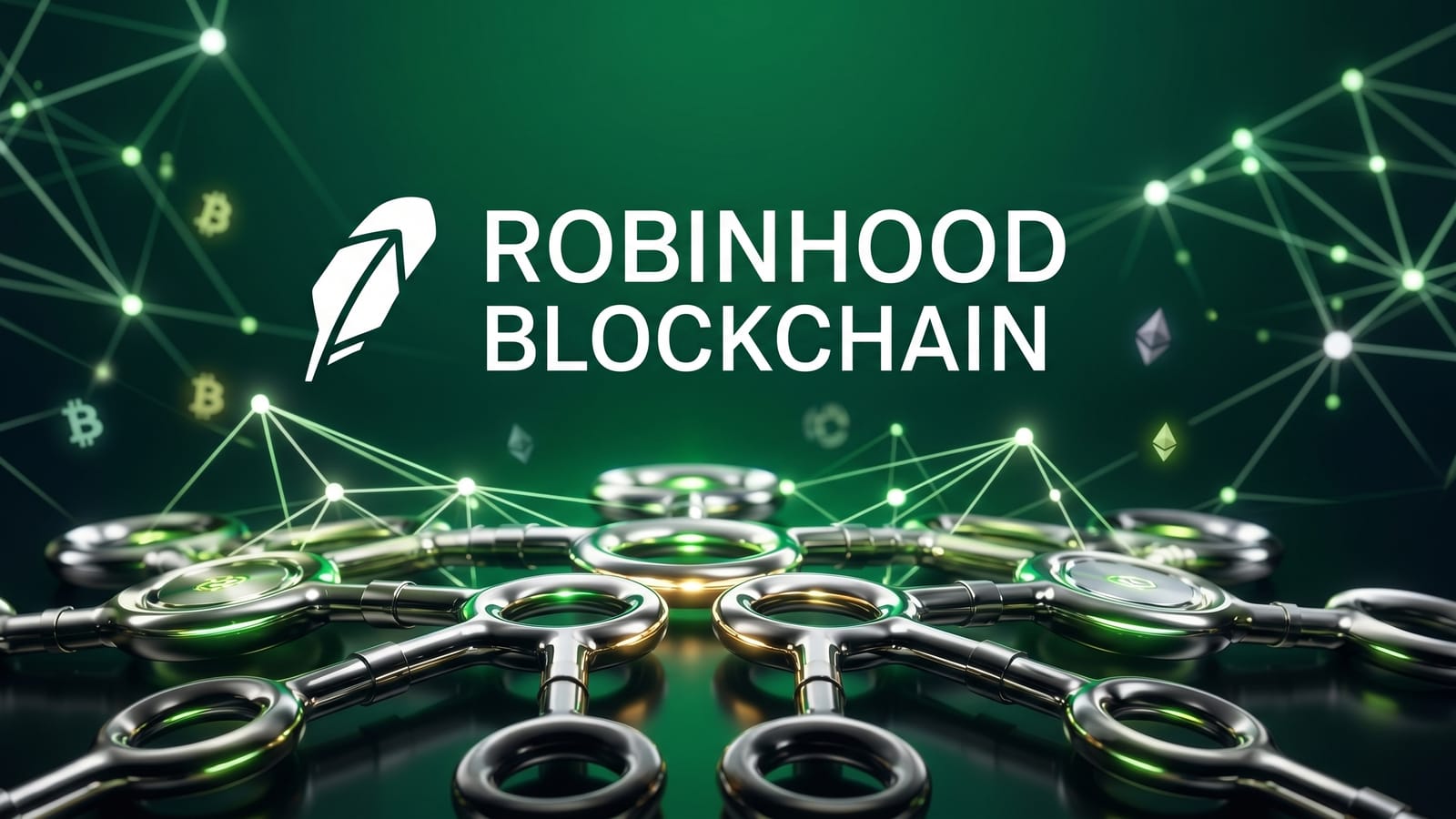 Robinhood Blockchain illustration with the Robinhood feather logo above interlinked metal chain links on a green network background