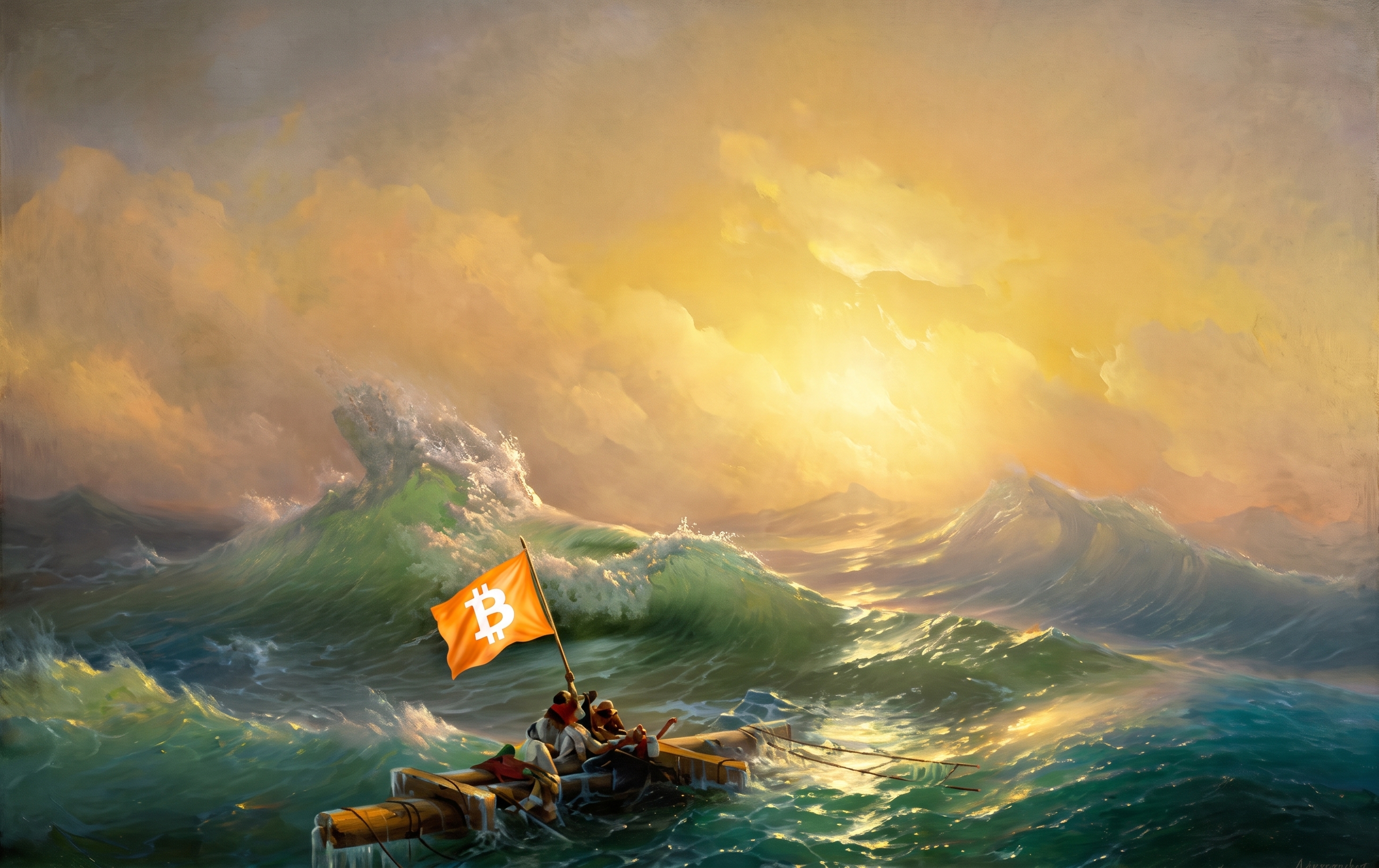 Oil painting after Aivazovsky’s The Ninth Wave: survivors cling to a broken mast in a stormy green sea under a golden sky, flying an orange Bitcoin flag