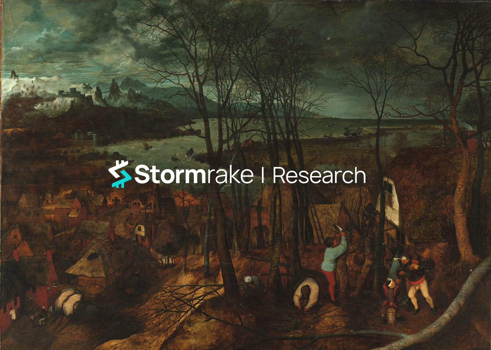 Stormrake Research artwork for the 2026 Q4 Outlook, a stormy late-winter landscape painting of a village beside a rough sea