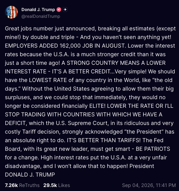 Donald Trump's Truth Social post on the August jobs report, calling for lower interest rates