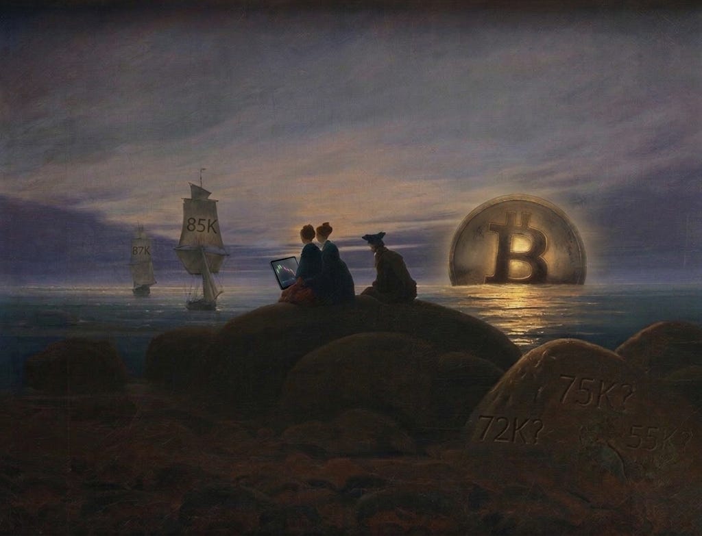 Moonlit seascape painting with a glowing Bitcoin rising from the sea like the moon, three figures on a rock watching ships marked 85K and 87K sail away, while boulders in the foreground are carved with 75K?, 72K? and 55K?
