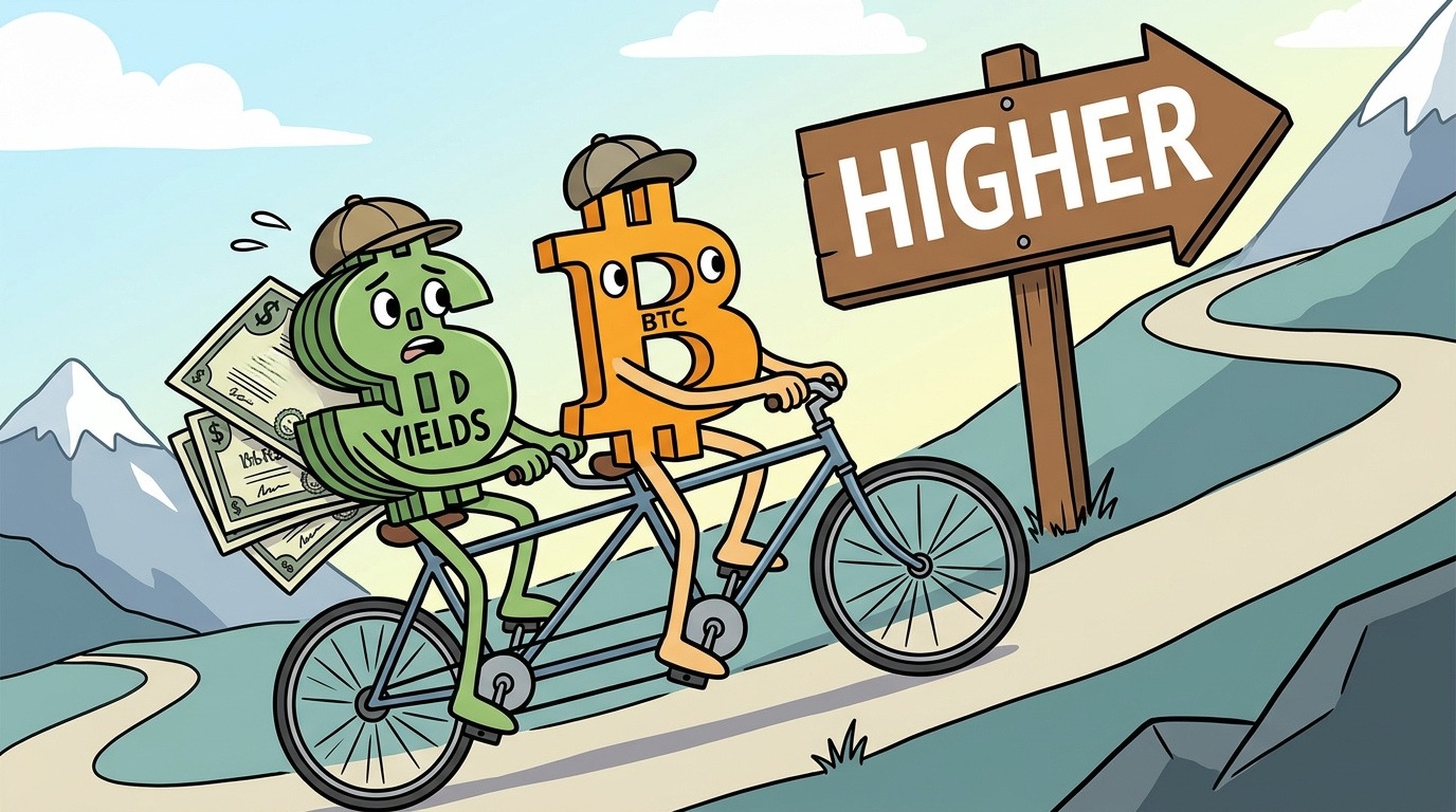 Cartoon dollar sign labelled Yields and an orange Bitcoin symbol pedalling a tandem bicycle up a hill, passing a wooden signpost reading Higher